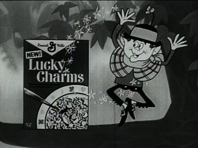 Screenshot of black and white Lucky Charms commericial