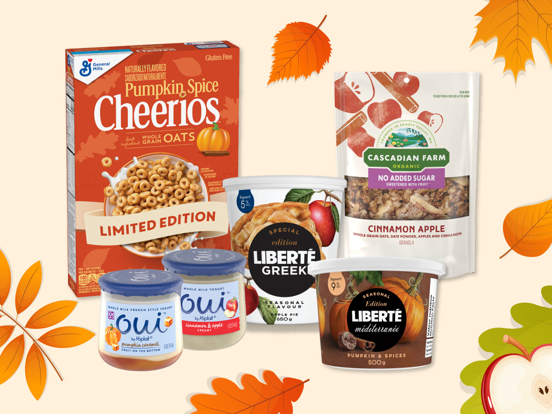 Grouping of products from Cheerios, Cascadian Farm, Liberté and Yoplait Oui